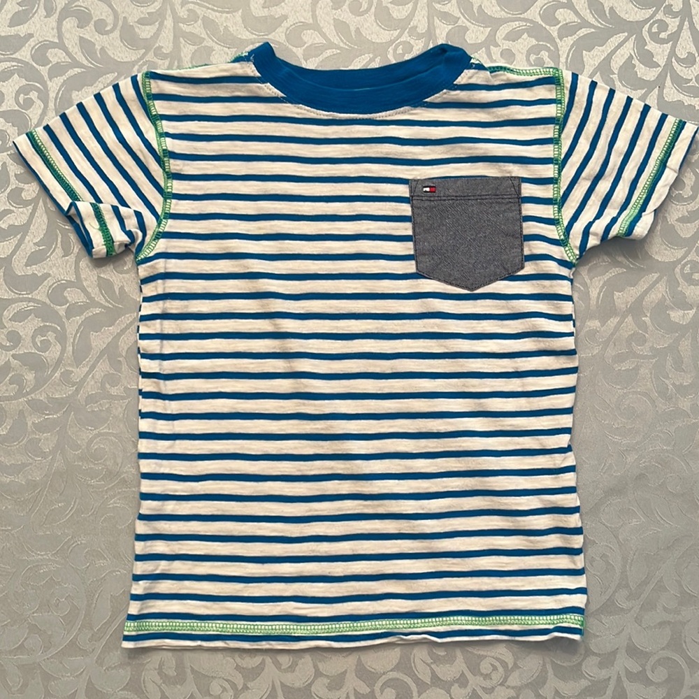 Tommy Hilfiger Boys T-shirt Size 4 White With Blue Stripes